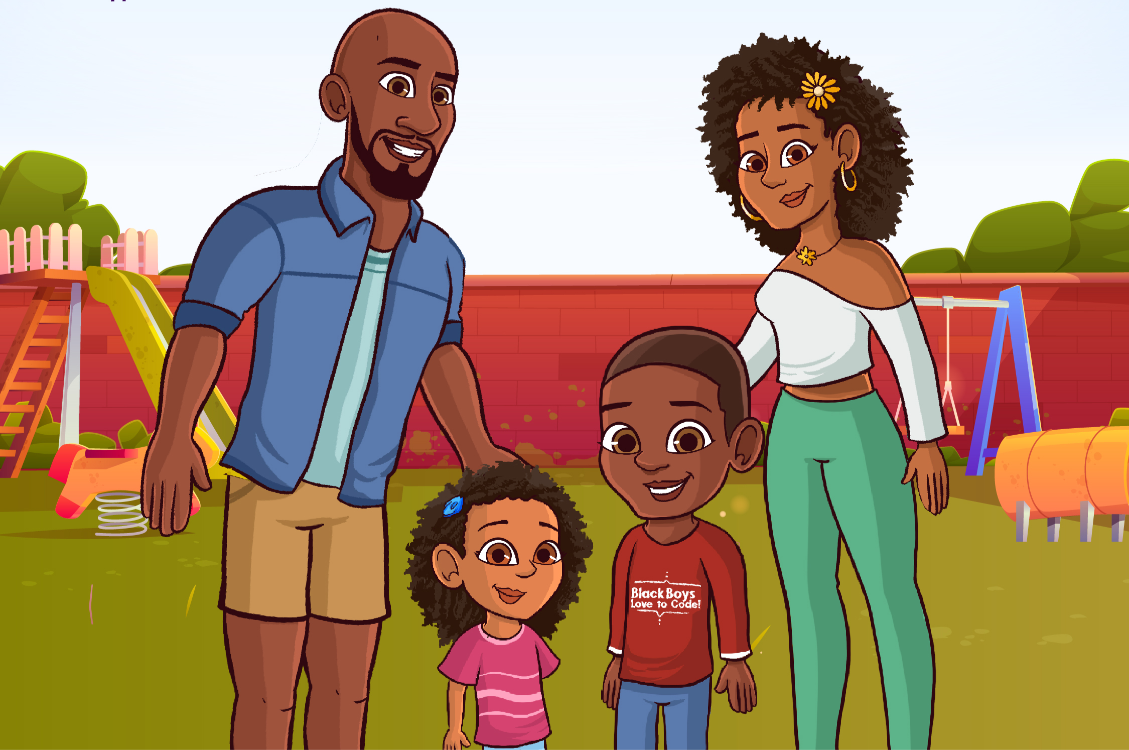 Cornell, Cori, and their family smiling together at the playground